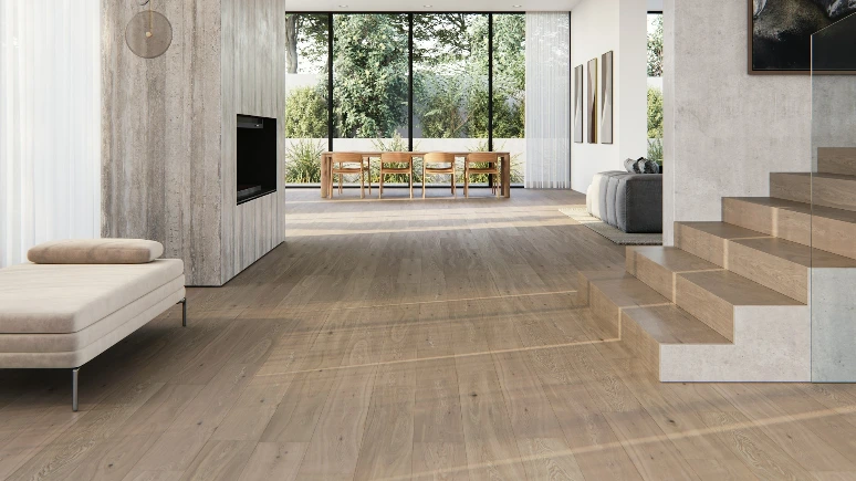 Modern living room with fireplace and large windows